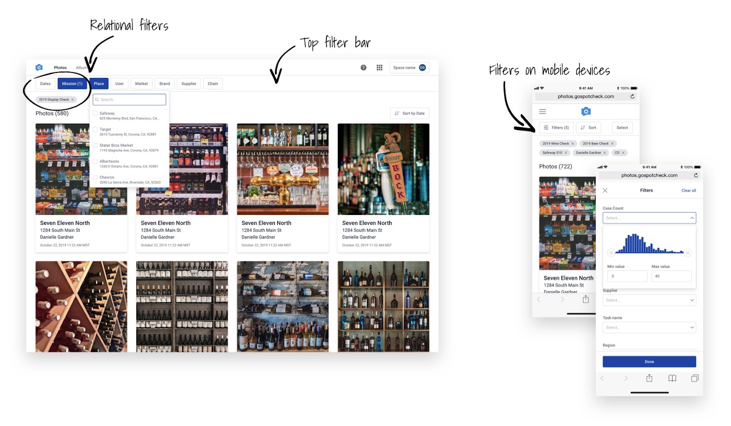 Image of relational filters on mobile and web versions of app